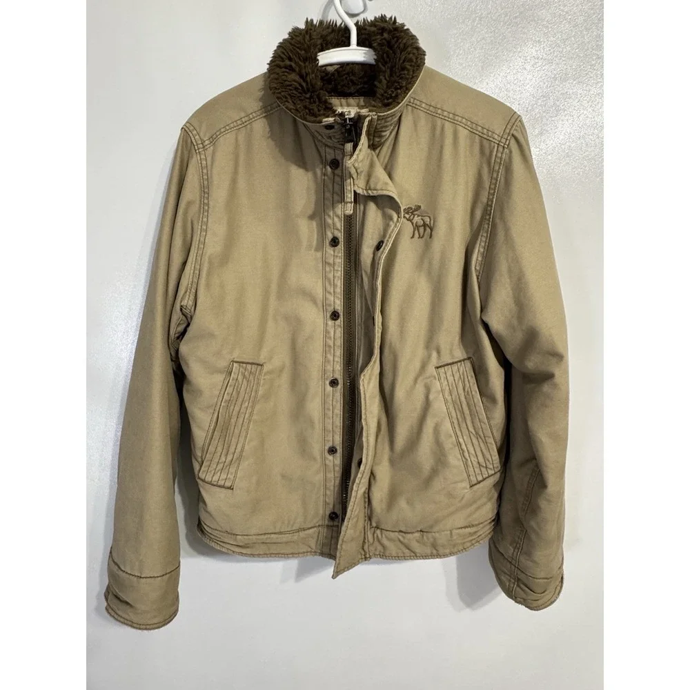 Abercrombie XL Boys Adirondack Coat Khaki Sherpa Lined Y2K Military Zip
